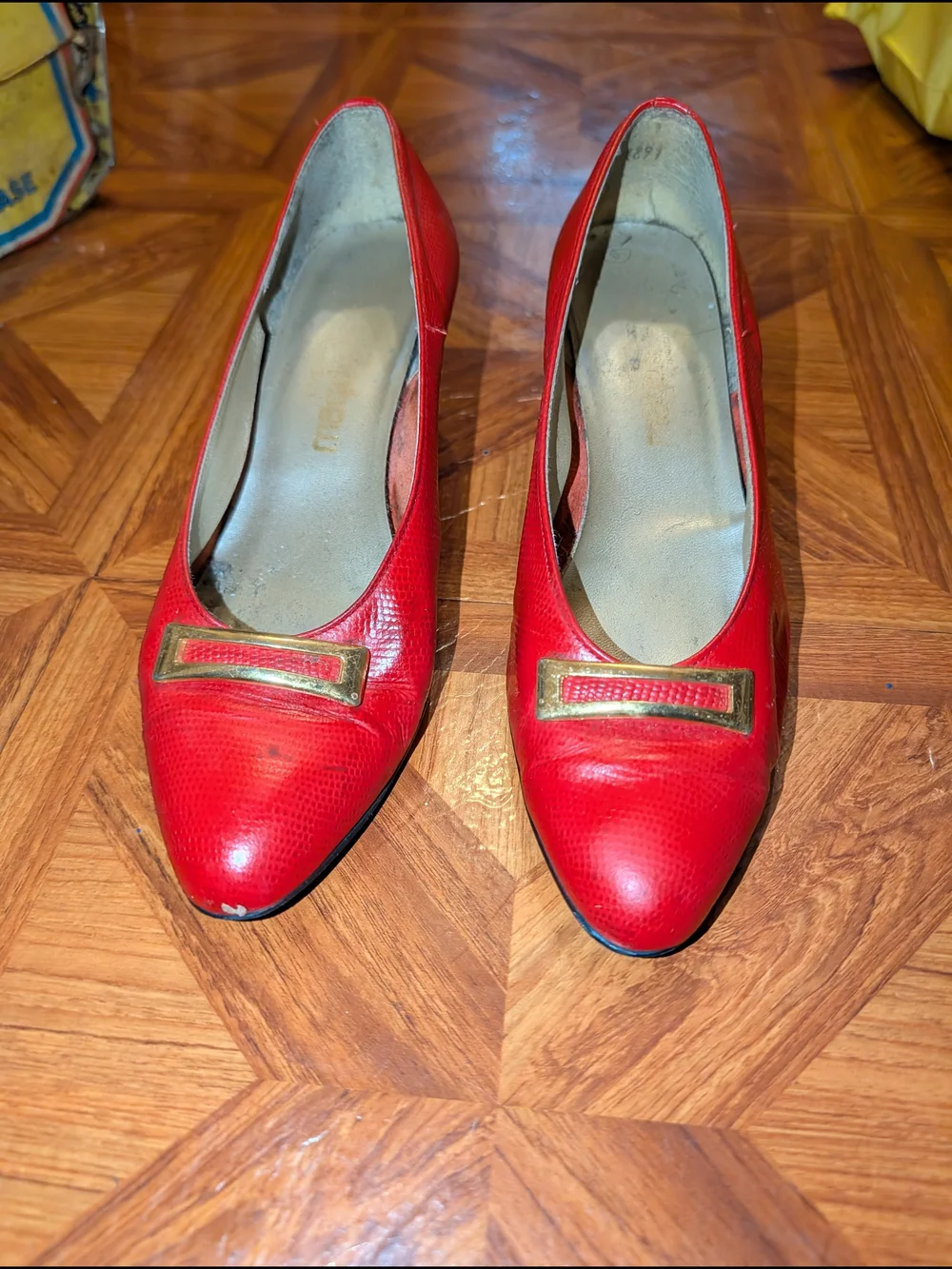 Red Women's Leather Heels with Gold Accent Plaque